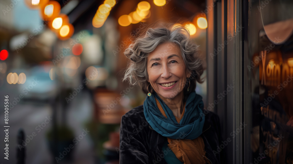 Fototapeta premium An elderly smiling beautiful 60-year-old lady in a scarf stands in front of the building. A businesswoman at the door of her cafe