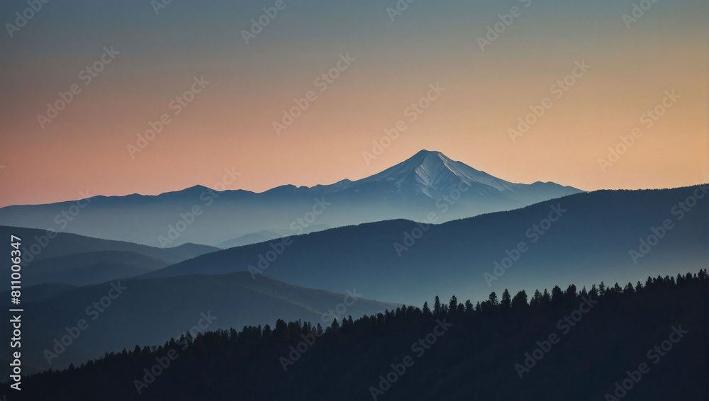 Mountain Solitude, Minimalist Landscape with Single Mountain Silhouette and Gradient Sky Texture