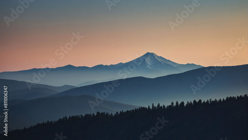 Mountain Solitude, Minimalist Landscape with Single Mountain Silhouette and Gradient Sky Texture