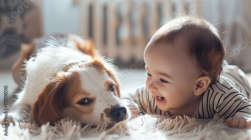 Little baby with puppy dog on carpet floor at home.