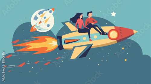 woman and man Sitting On on a Flying rocket Vector style
