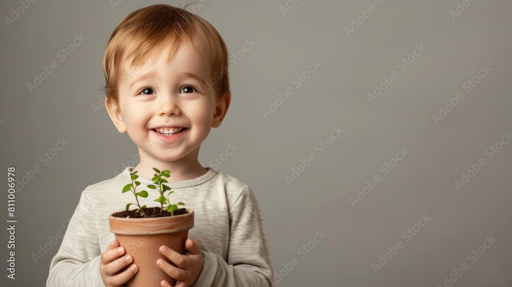 Smiling little child holding a pot of plant in hands over plain background Smiling little child holding a pot of plant in hands over plain background