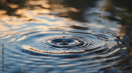 A single droplet creates ripples on a calm water surface, reflecting the warm glow of a sunset.
