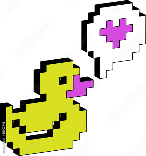 Trendy pixelated Y2k sticker. Retro icon. paper cut. Rubber yellow duck with love bubble. Retro Pixel style. Isolated graphic element, 3D Simple style voxel art
