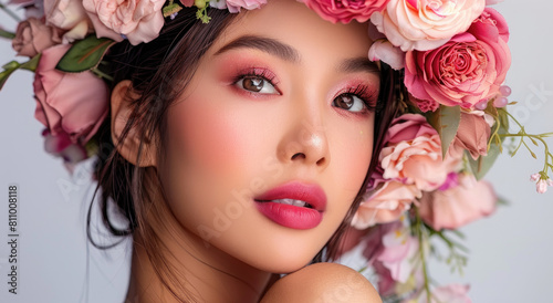 A beautiful woman with flowers in her hair and pink lipstick posing for the camera