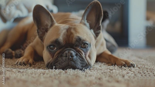 Portrait of bored bull dog rest on carpet floor © rabbit75_fot