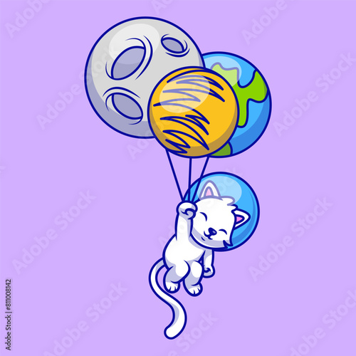 Cute Cat Floating With Planet Balloon Cartoon Vector Icons Illustration. Flat Cartoon Concept. Suitable for any creative project.