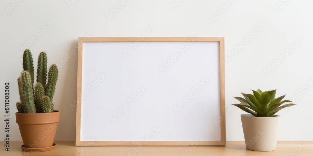 Fototapeta premium Home Decor With Blank Frame And Potted Succulents. Mockup Wooden Frame And Green Plants On Minimal Background. Generative AI
