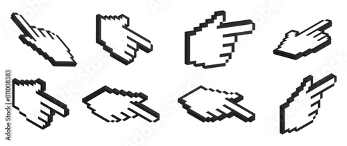 Hand cursor icon flat. 3D hand mouse cursor icon various directions, Click finger. Isometric pixel pointer, forefinger. Design elements for collage