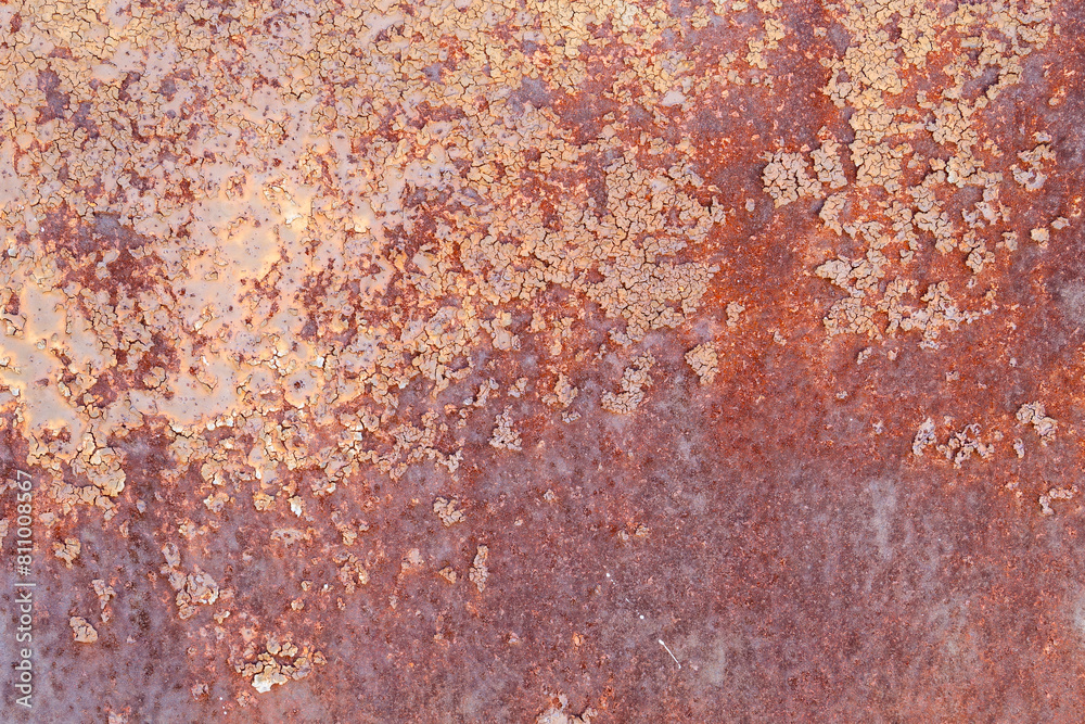 A very old rusty metal surface with peeling paint.
A very old rusty metal surface with peeling paint.