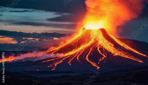 Volcano. Erupting volcano. Red-hot lava. Volcanic landscape