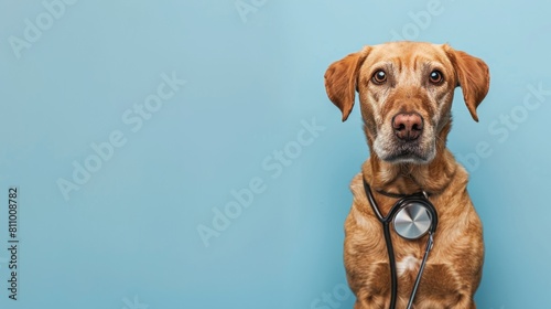 Cute dog with stethoscope with plain background.