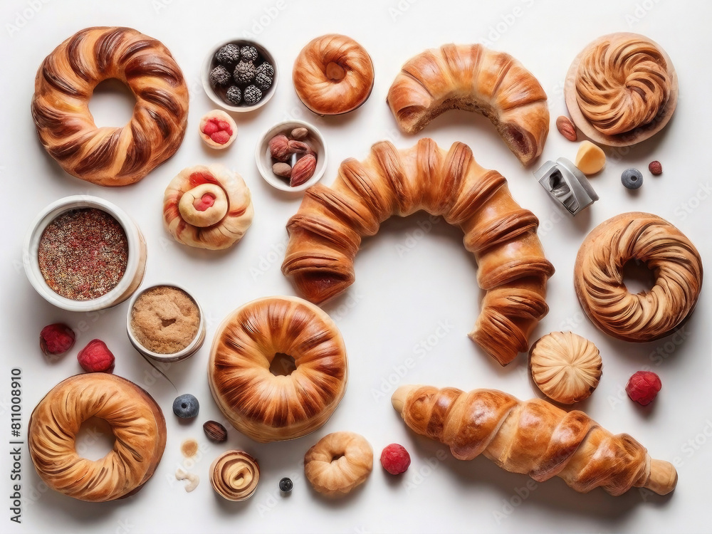 set of Danish pastry, healthy food, concept for baked goods of different flavours, top view, on white background. set of Danish pastry, healthy food, concept for baked goods of different flavours, top view, on white background.