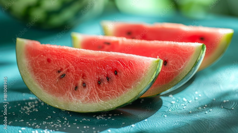 summer fruit display, watermelon slices on a blue tablecloth make for a bright and festive summer party display with vibrant and colorful fruits summer fruit display, watermelon slices on a blue tablecloth make for a bright and festive summer party display with vibrant and colorful fruits