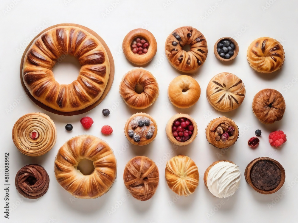 set of Danish pastry, healthy food, concept for baked goods of different flavours, top view, on white background. set of Danish pastry, healthy food, concept for baked goods of different flavours, top view, on white background.