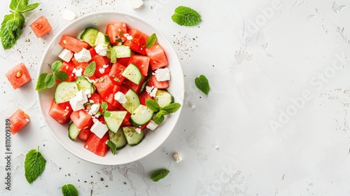 A refreshing salad featuring watermelon, cucumbers, feta cheese, and mint, served on a vibrant blue background. This dish combines fresh ingredients to create a colorful and delicious cuisine staple