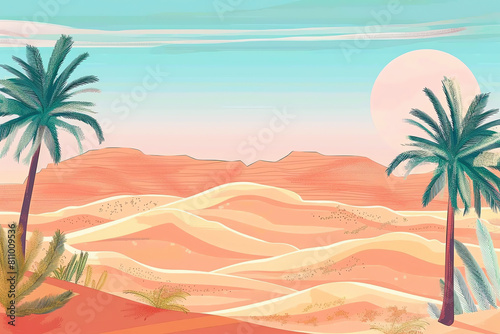 Desert flat design top view oasis discovery cartoon drawing colored pastel