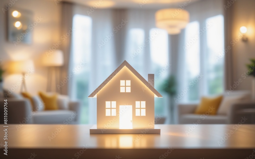 White paper model house on table in blur living room background, Save money concept, Real estate investment concept White paper model house on table in blur living room background, Save money concept, Real estate investment concept