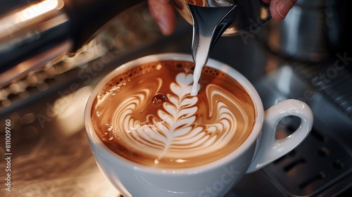 Close-Up of Barista Pouring Latte Art. Barista creating detailed latte art.