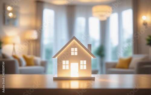 White paper model house on table in blur living room background, Save money concept, Real estate investment concept