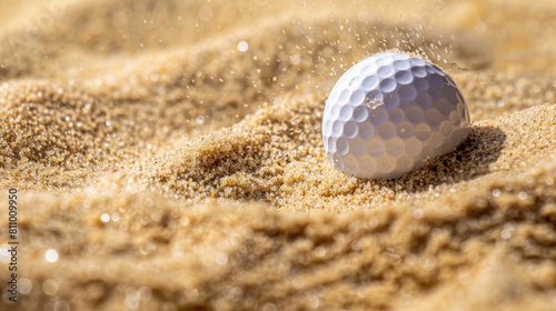 A close up of a golf ball in a sand trap.