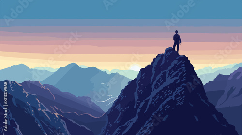 Worried businessman climber standing on the top of mountain