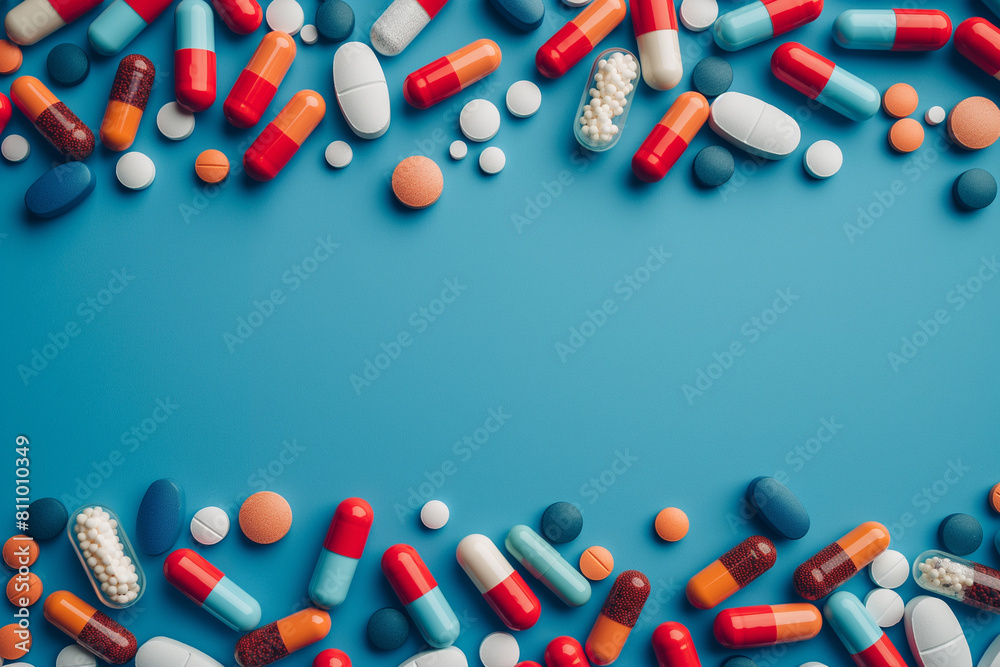 Assorted Pharmaceutical Pills and Capsules on a Vibrant Blue Background Assorted Pharmaceutical Pills and Capsules on a Vibrant Blue Background