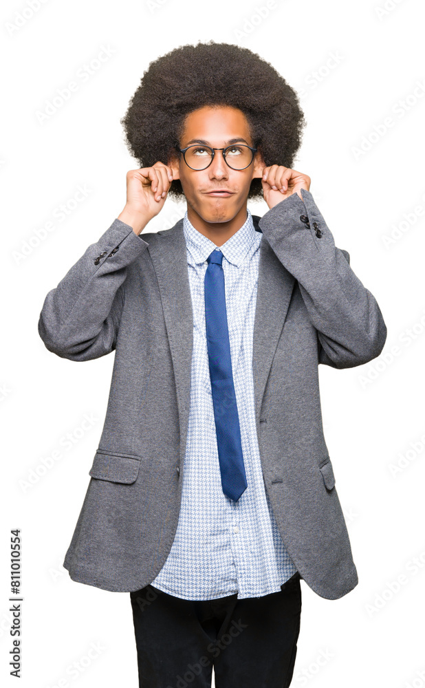 Young african american business man with afro hair wearing glasses Smiling pulling ears with fingers, funny gesture. Audition problem Young african american business man with afro hair wearing glasses Smiling pulling ears with fingers, funny gesture. Audition problem