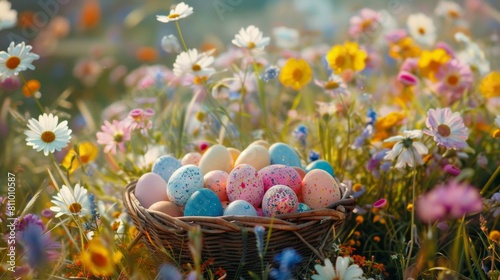 A full basket of colorful Easter Eggs on outdoor lawn with beautiful flowers