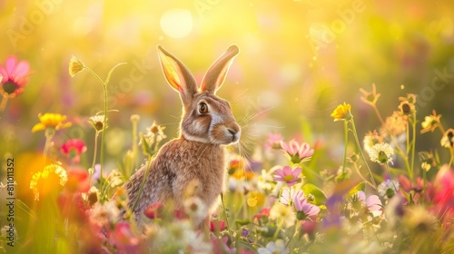 Cute rabbit on outdoor lawn with colorful wild flowers.
