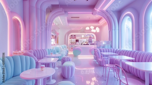 nterior of candy shop made with purple pastel, pink pastel, light blue pastel, dininng area chari and table with shape of candy photo