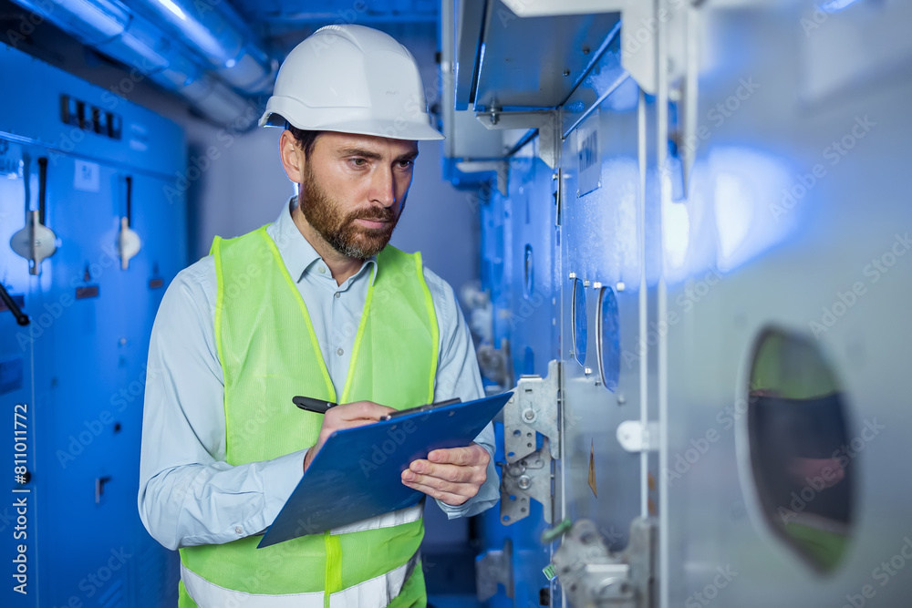 Electrical engineer in protective clothing taking notes on clipboard at electrical substation. Man checking data and meter readings in technical room of factory. Distribution electrical switchboards.