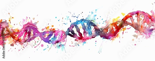 Colorful watercolor illustration of DNA double helix