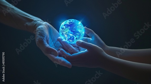 An adult hand pass a glowing earch to a child hand photo