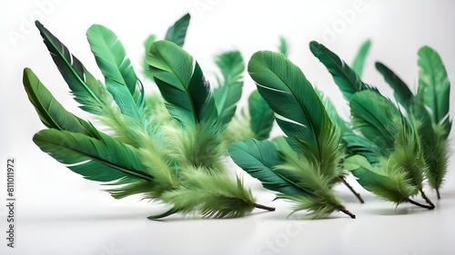 Green feathers flying on a white background  