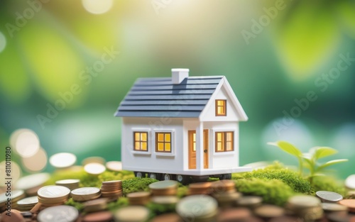 A small model house and coins in blur green garden background, Dream house concept, Saving money for dream home
