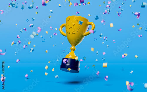 A trophy cup in falling confetti