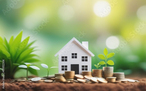 A white model house and coins stack with tree growing on top in blur green garden background, Real estate for future concept