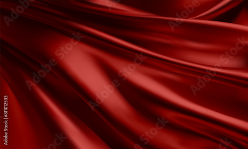 Realistic texture of silk background. Vector 3D texture of silk natural fabric with smooth pleats, red, graceful, dark and expensive scarlet color