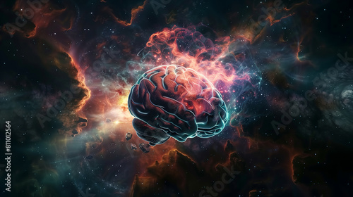 Illustration of a Human Brain Floating in a Colorful Cosmic Nebula