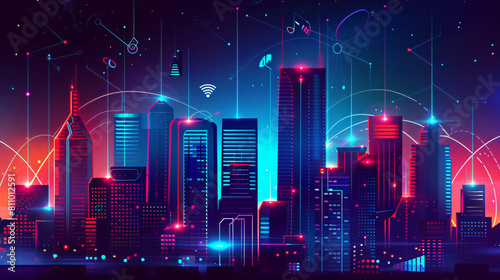 5G wireless network and smart city concept. night urba