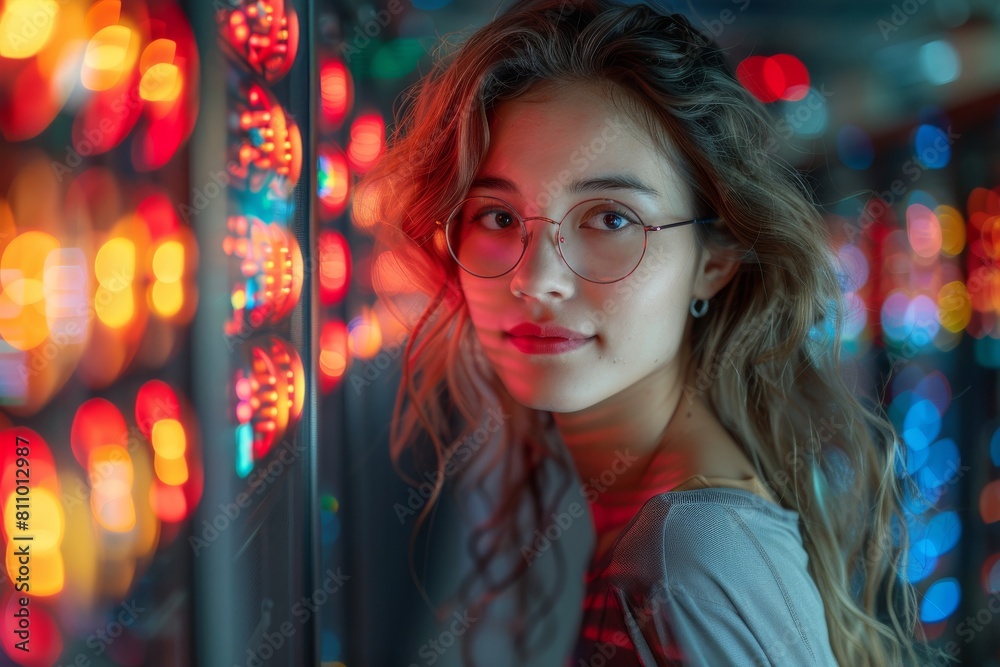 A young woman with glasses peers curiously at a server with colorful lights reflecting in her eyes A young woman with glasses peers curiously at a server with colorful lights reflecting in her eyes