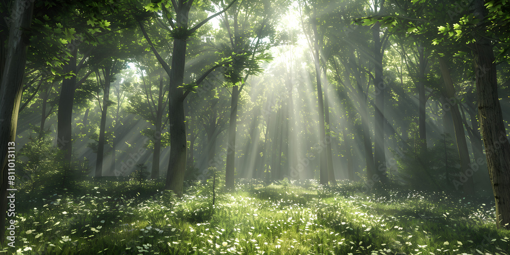 Enchanted forest Rays of sunlight pierce through the canopy illuminating a verdant forest floor teeming with life