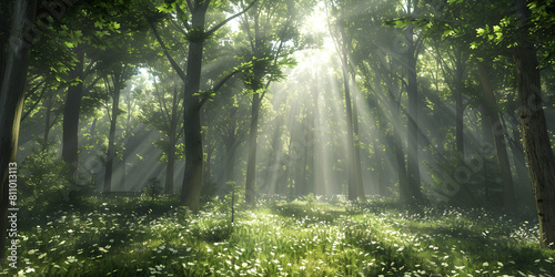 Enchanted forest Rays of sunlight pierce through the canopy illuminating a verdant forest floor teeming with life