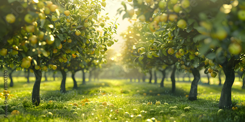 Green apple orchard landscape with rows of trees apple background