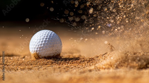 A close up of a golf ball hitting the sand. photo