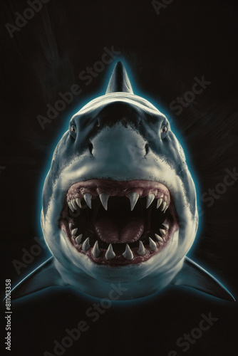 Portrait of a shark set against a black background. Looking straight at the camera with open mouth. Soft blue glow rim lighting the animal figure. With a retro vintage sepia tint. Fierce animal.