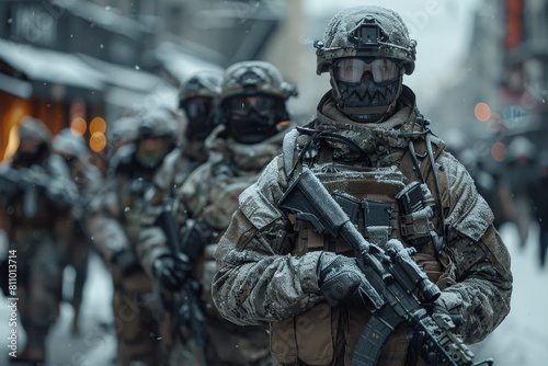 A group of armed soldiers in full combat gear patrol a snowy urban environment, the scene is intense and gritty