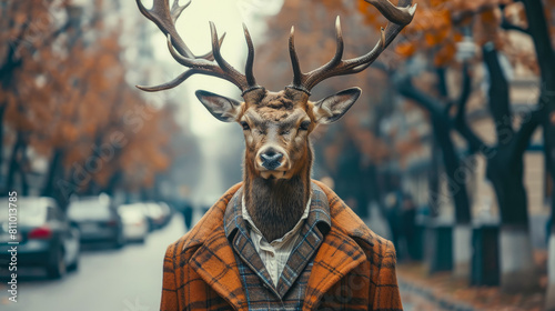 Graceful deer roams city streets in refined attire, embodying street style with elegance. photo