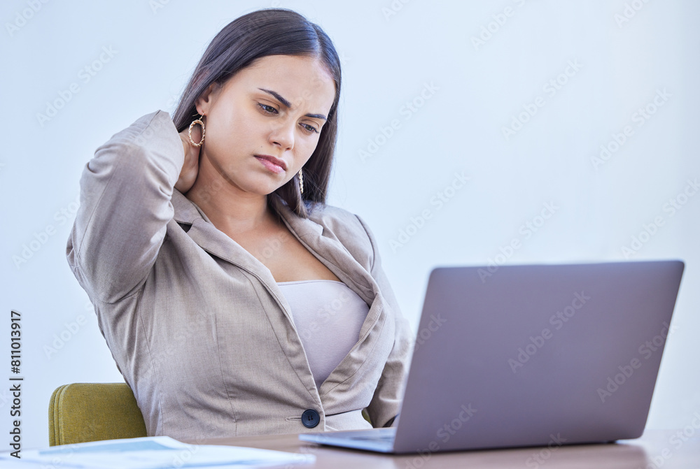 Neck pain , woman and thinking in office, laptop and injured in business, online and tired of working. Copywriter, hurt and backache in workplace, agency and exhausted for ideas of blog and project Neck pain , woman and thinking in office, laptop and injured in business, online and tired of working. Copywriter, hurt and backache in workplace, agency and exhausted for ideas of blog and project